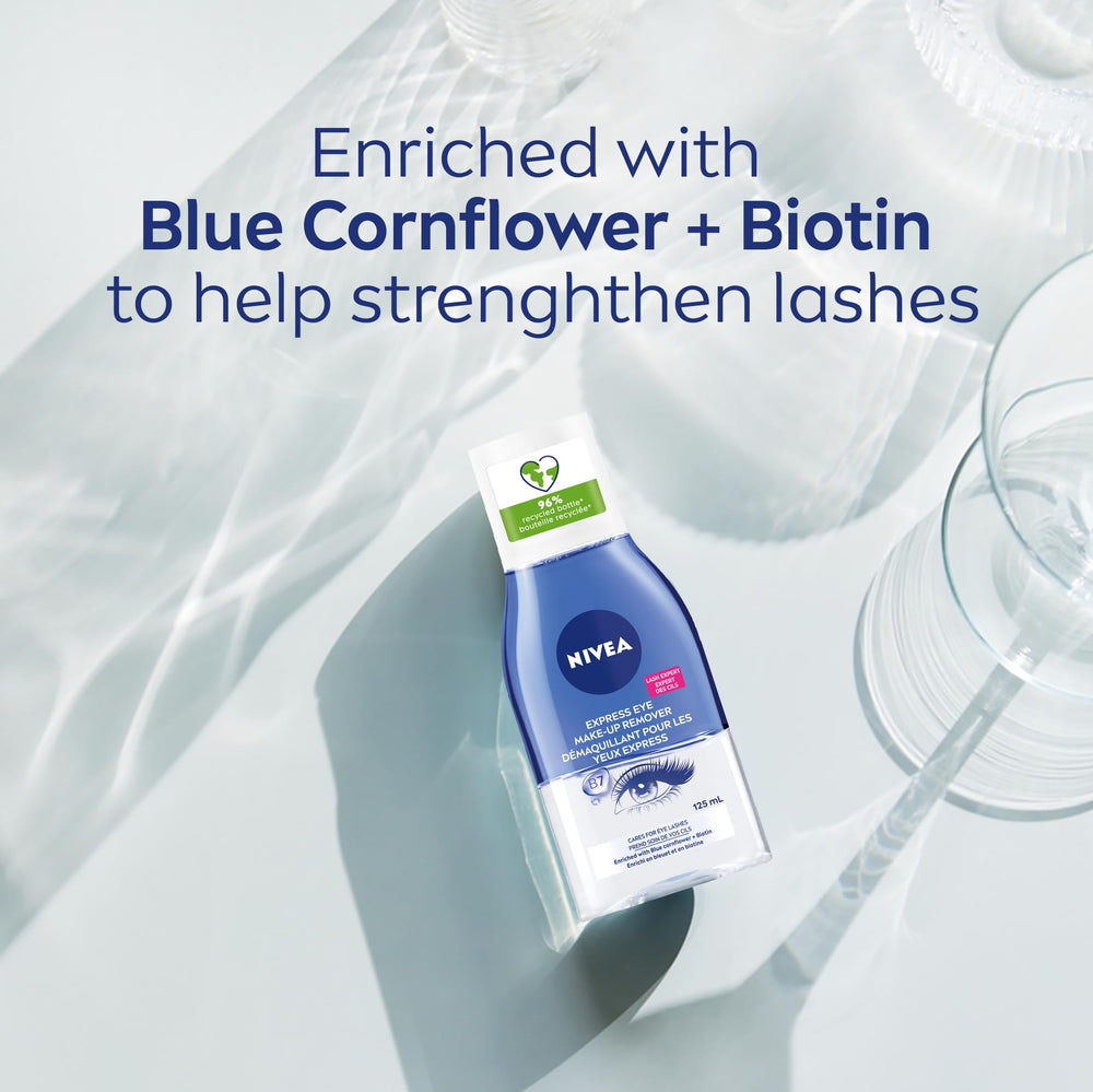 NIVEA Double Effect Eye Make-Up Remover packaging shot highlights portable design.
