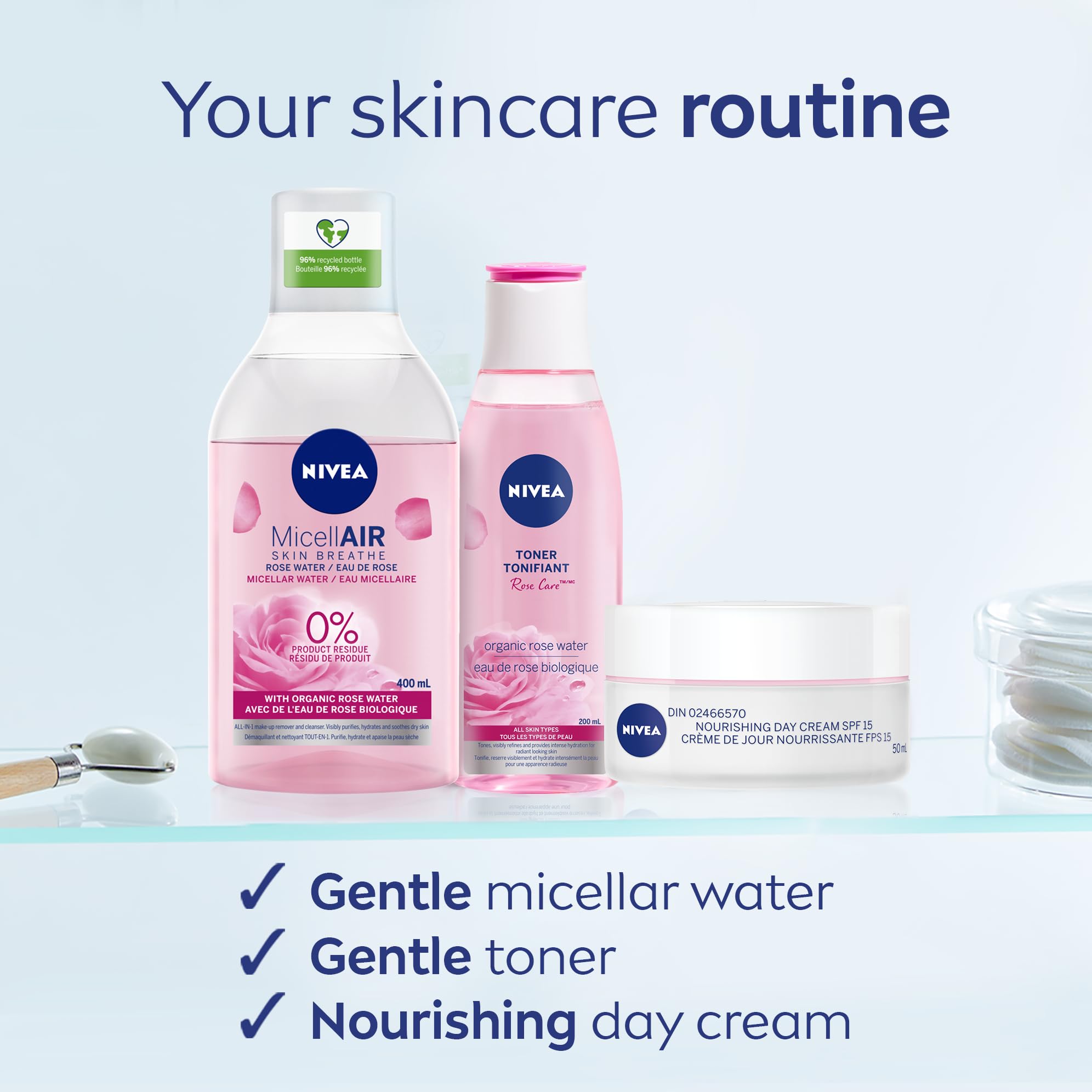 NIVEA Double Effect Eye Make-Up Remover on palm demonstrates quick makeup removal.