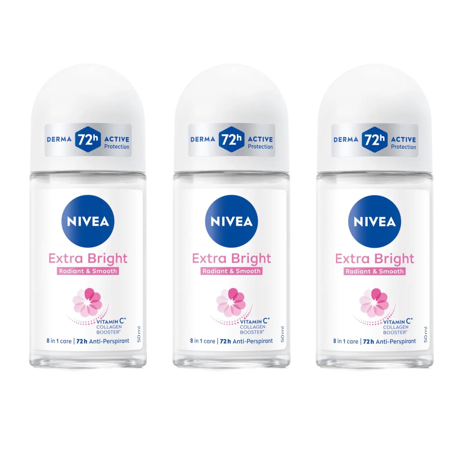 NIVEA Extra Bright roll-on bottle close-up highlighting brighter underarms from 8 super foods