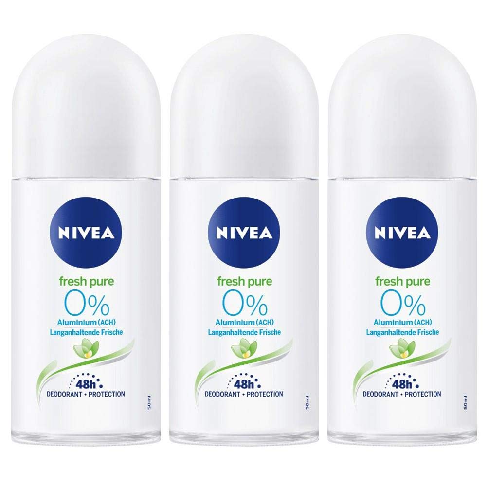 NIVEA Fresh Pure Roll-On Deodorant bottle highlighting 0% aluminum salts for long-lasting freshness.
