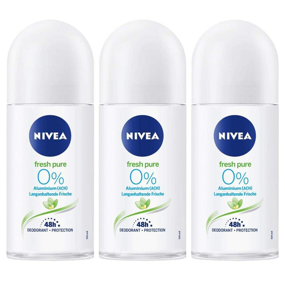 NIVEA Fresh Pure Roll-On Deodorant bottle highlighting 0% aluminum salts for long-lasting freshness.