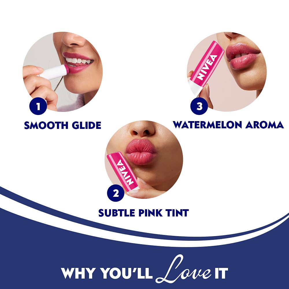 NIVEA Fruity Shine Watermelon Lip Balm packaging on shelf.