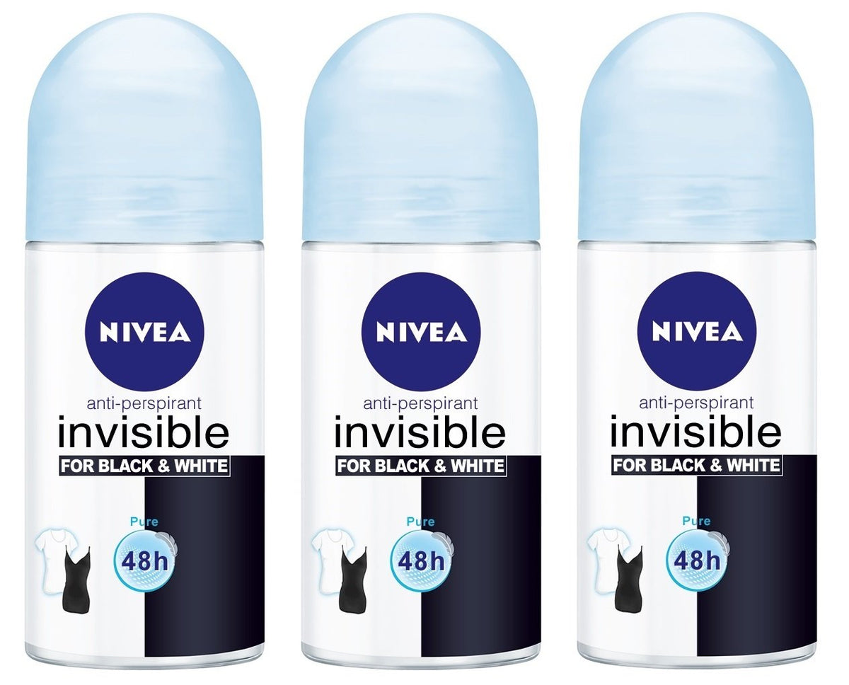 NIVEA Invisible for Black and White Pure pack of 3 bottles for everyday freshness and protection.