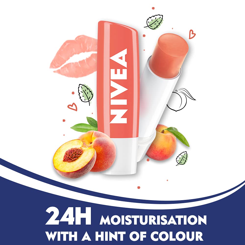 Close-up of NIVEA Peach lip balm for smooth lips.