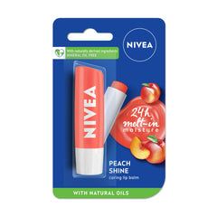 NIVEA Fruity Shine Peach lip balm tube delivers peach gloss and hydration.