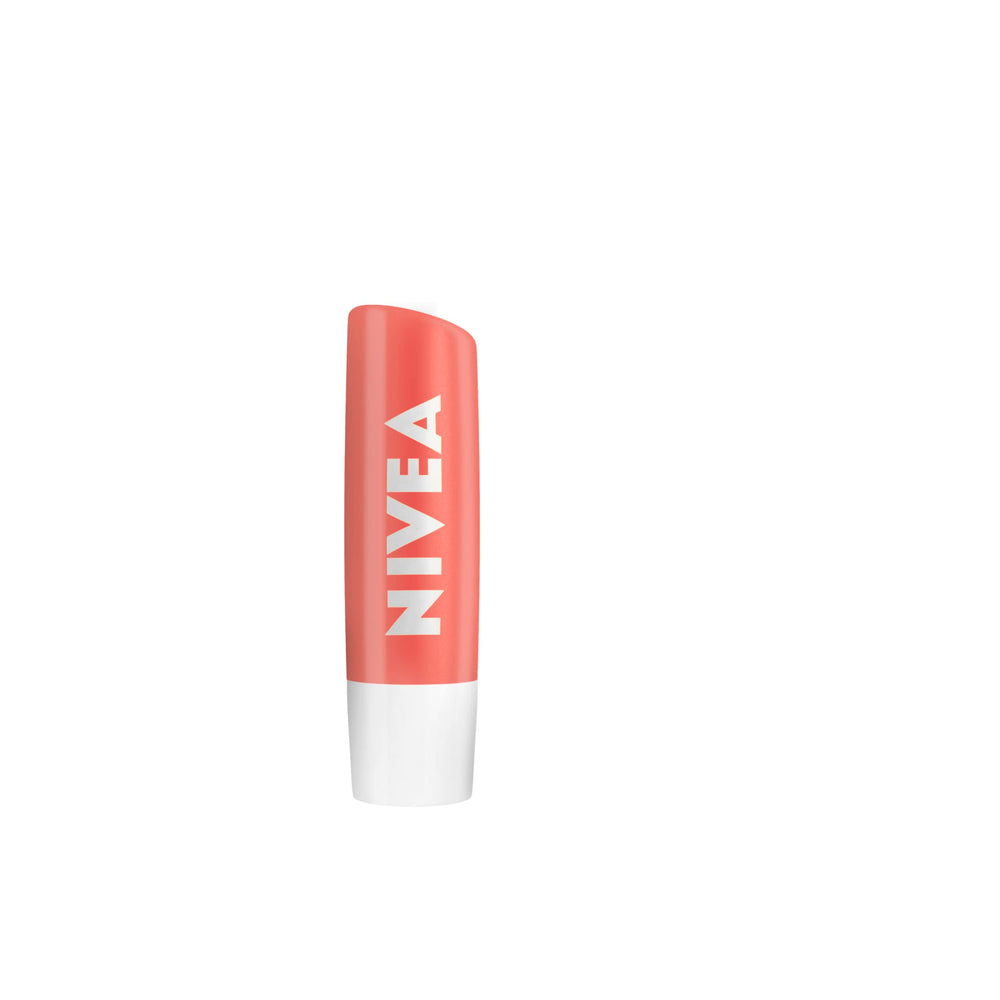 NIVEA Peach lip balm with creamy glide for comfortable application.