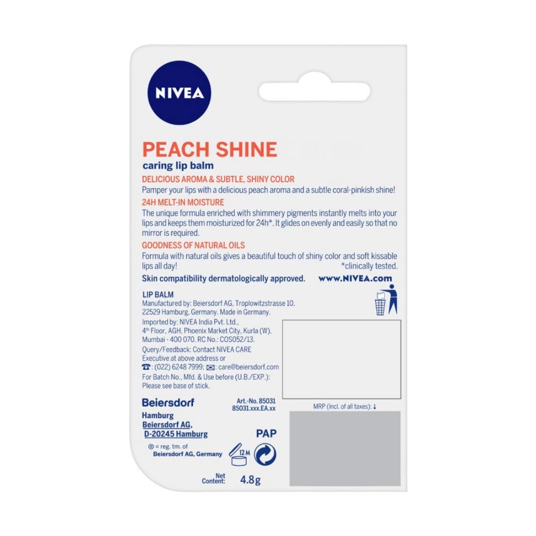 NIVEA Peach lip balm travel-size tube ideal for on-the-go.