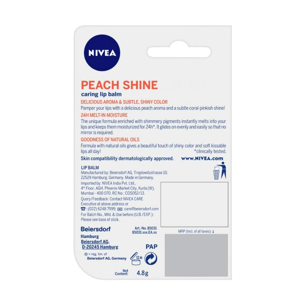 NIVEA Peach lip balm travel-size tube ideal for on-the-go.