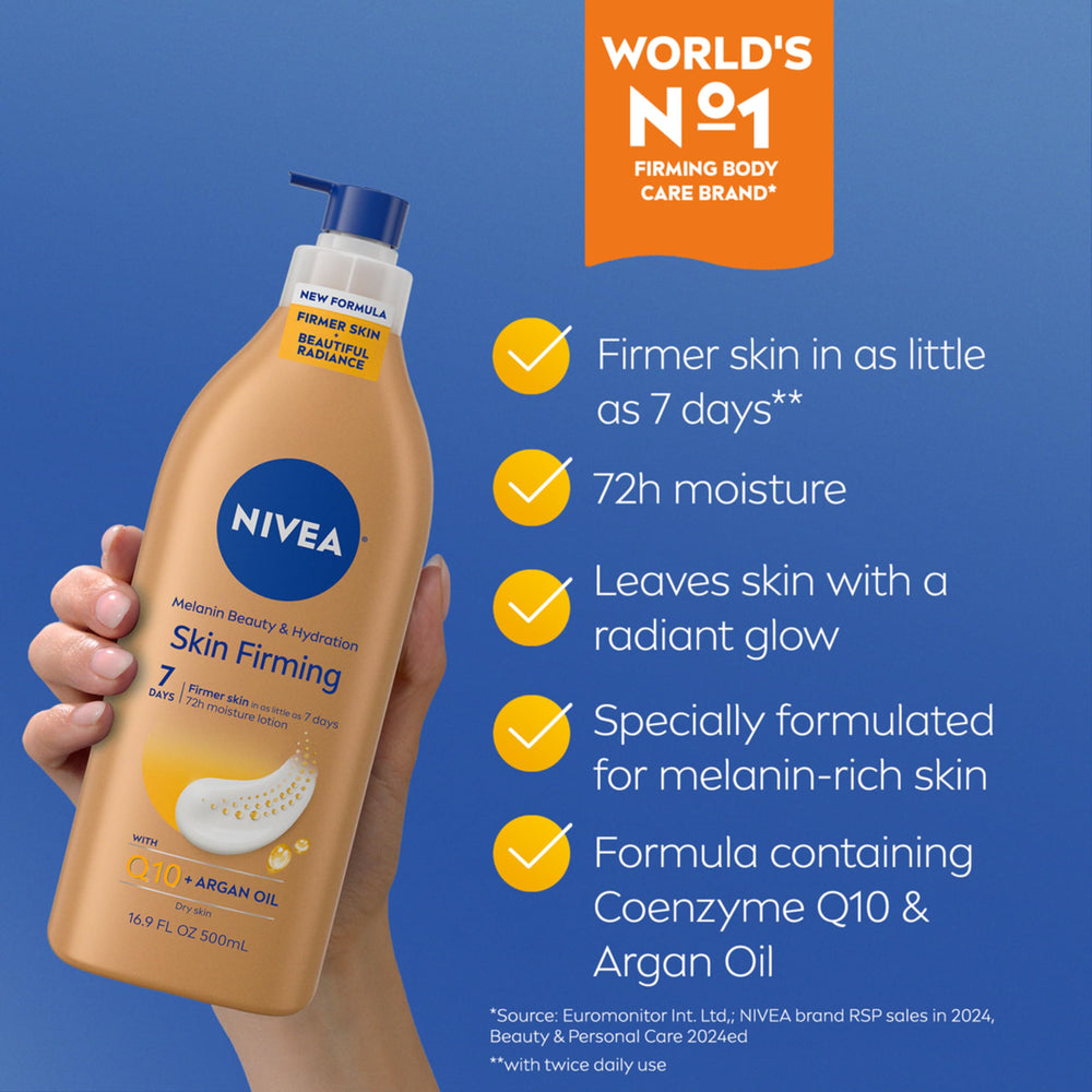 NIVEA Lotion dispense pump image highlighting convenient massaging and application.