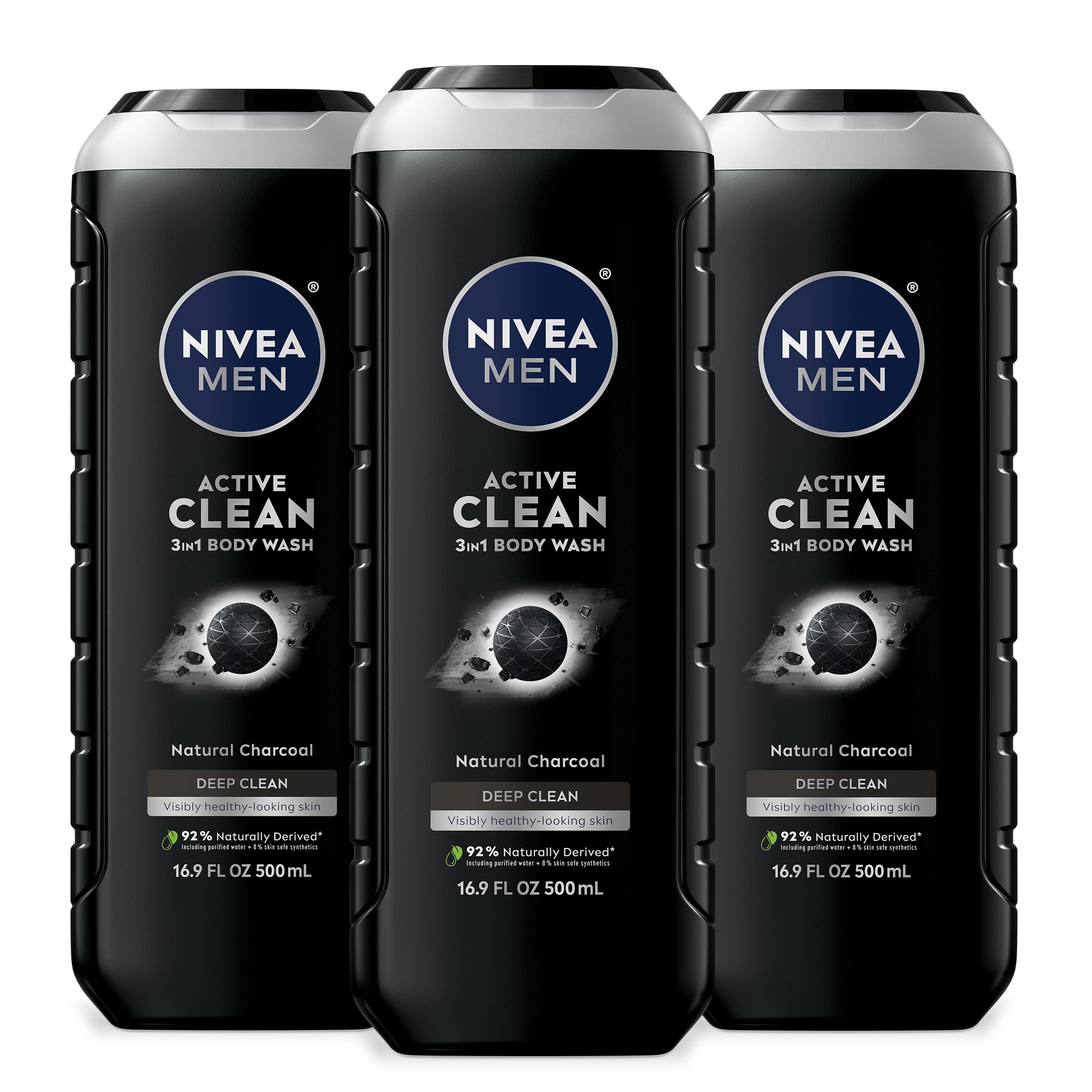 NIVEA MEN Active Clean Charcoal bottle front view showing 3-in-1 cleanser for body, face, and hair.