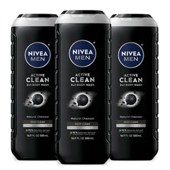 NIVEA MEN Active Clean Charcoal bottle front view showing 3-in-1 cleanser for body, face, and hair.