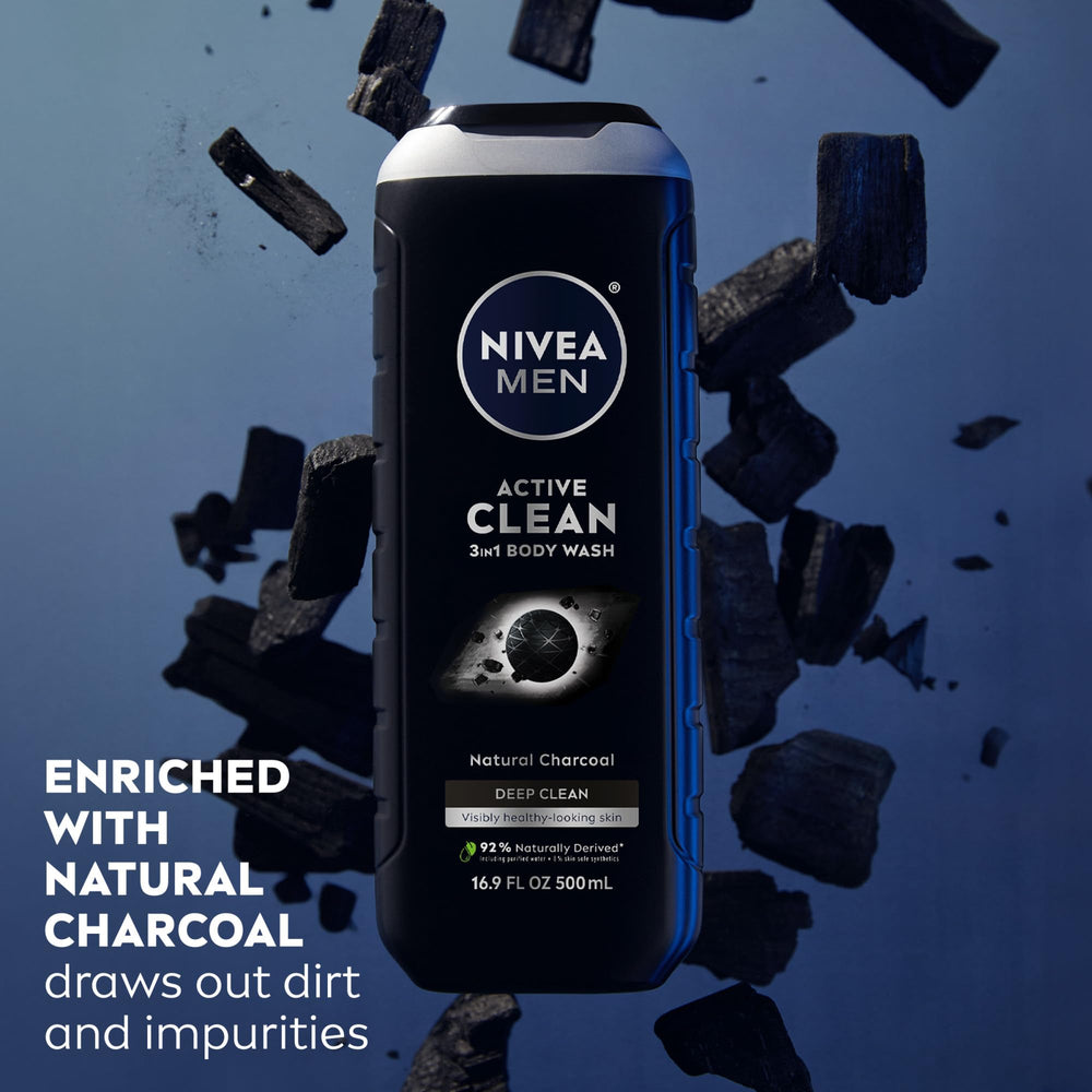 NIVEA MEN Active Clean Charcoal face-wash action during morning routine.