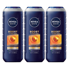 NIVEA MEN Boost bottle with citrus scent for an energized morning rinse.