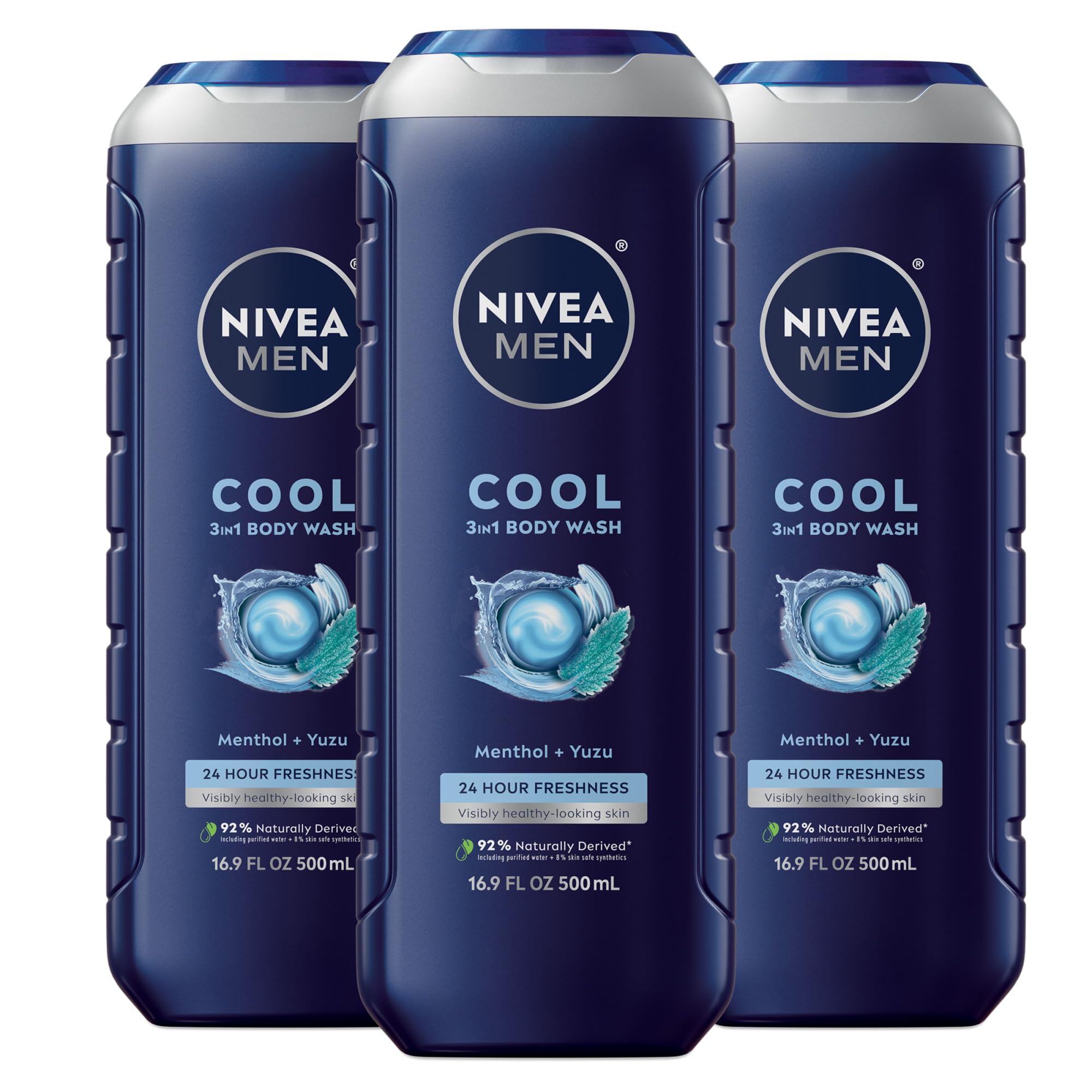 NIVEA MEN Cool Body Wash bottle front with icy menthol scent for refreshed skin.