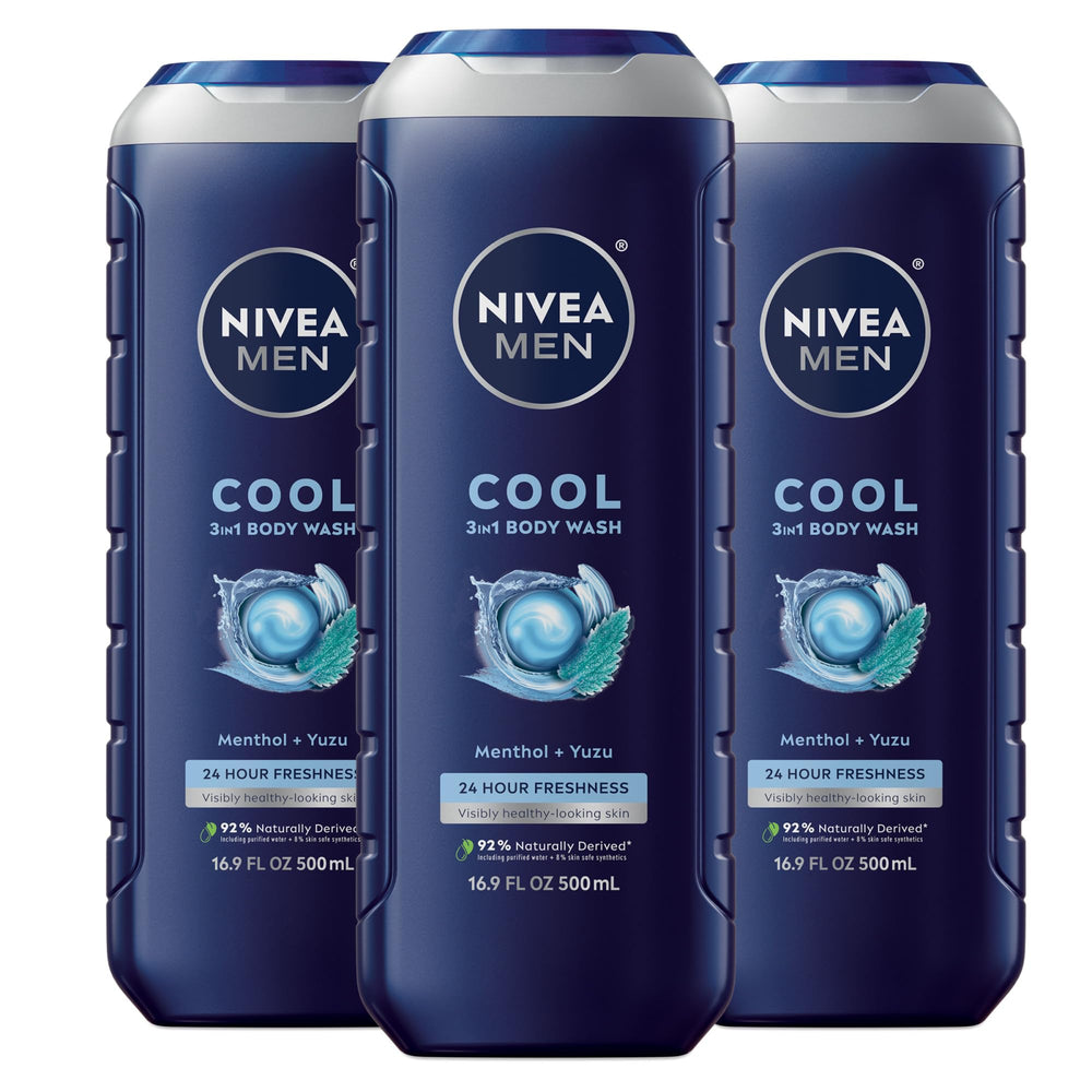 NIVEA MEN Cool Body Wash bottle front with icy menthol scent for refreshed skin.
