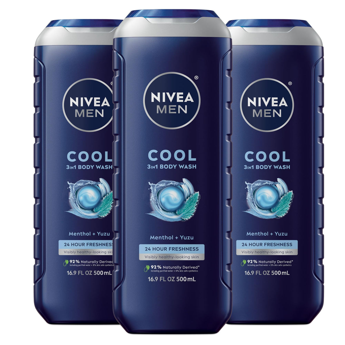NIVEA MEN Cool Body Wash bottle front with icy menthol scent for refreshed skin.