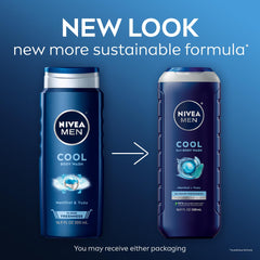 NIVEA MEN Cool Body Wash ice-menthol splash showing cooling wash experience.