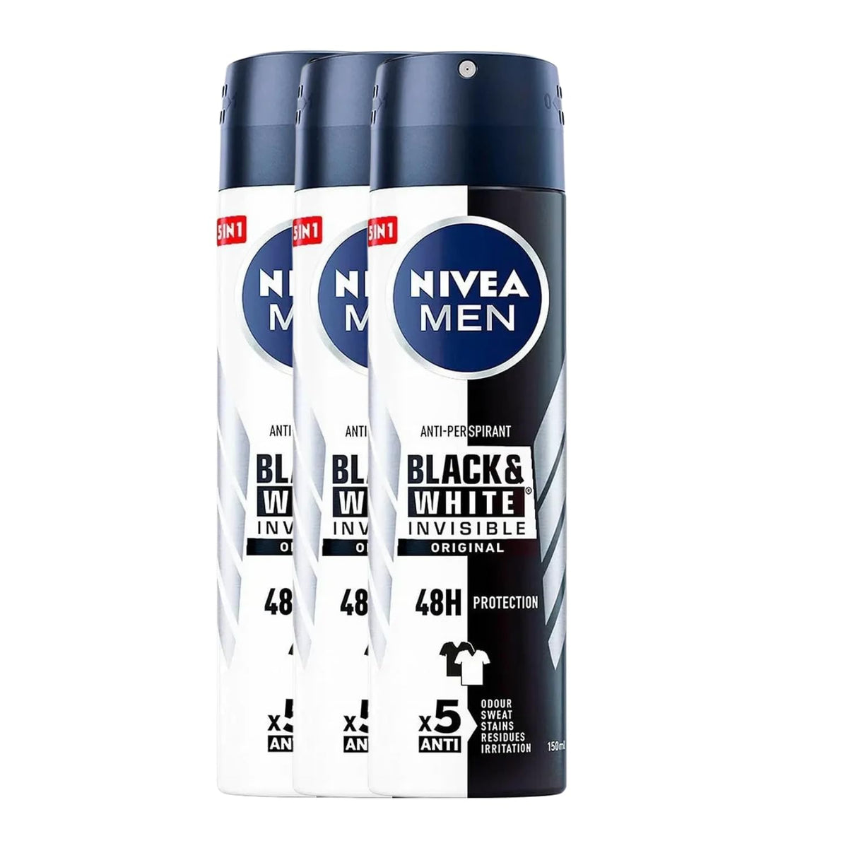NIVEA Men Invisible Original anti-perspirant spray protects black and white clothing from marks.