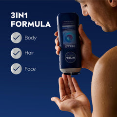 NIVEA MEN Relax 3-in-1 usage image shows face, body and hair cleansing