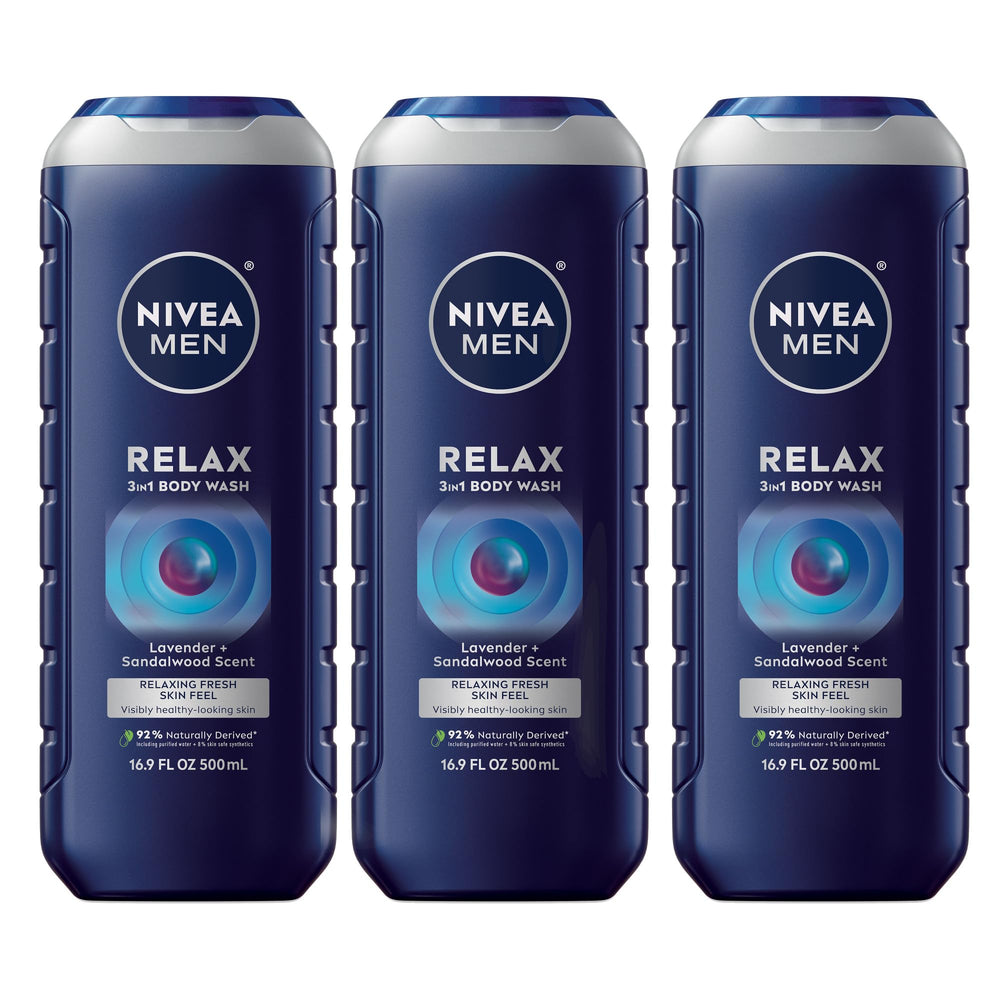 NIVEA MEN Relax bottle with lavender-sandalwood scent for nighttime wind-down