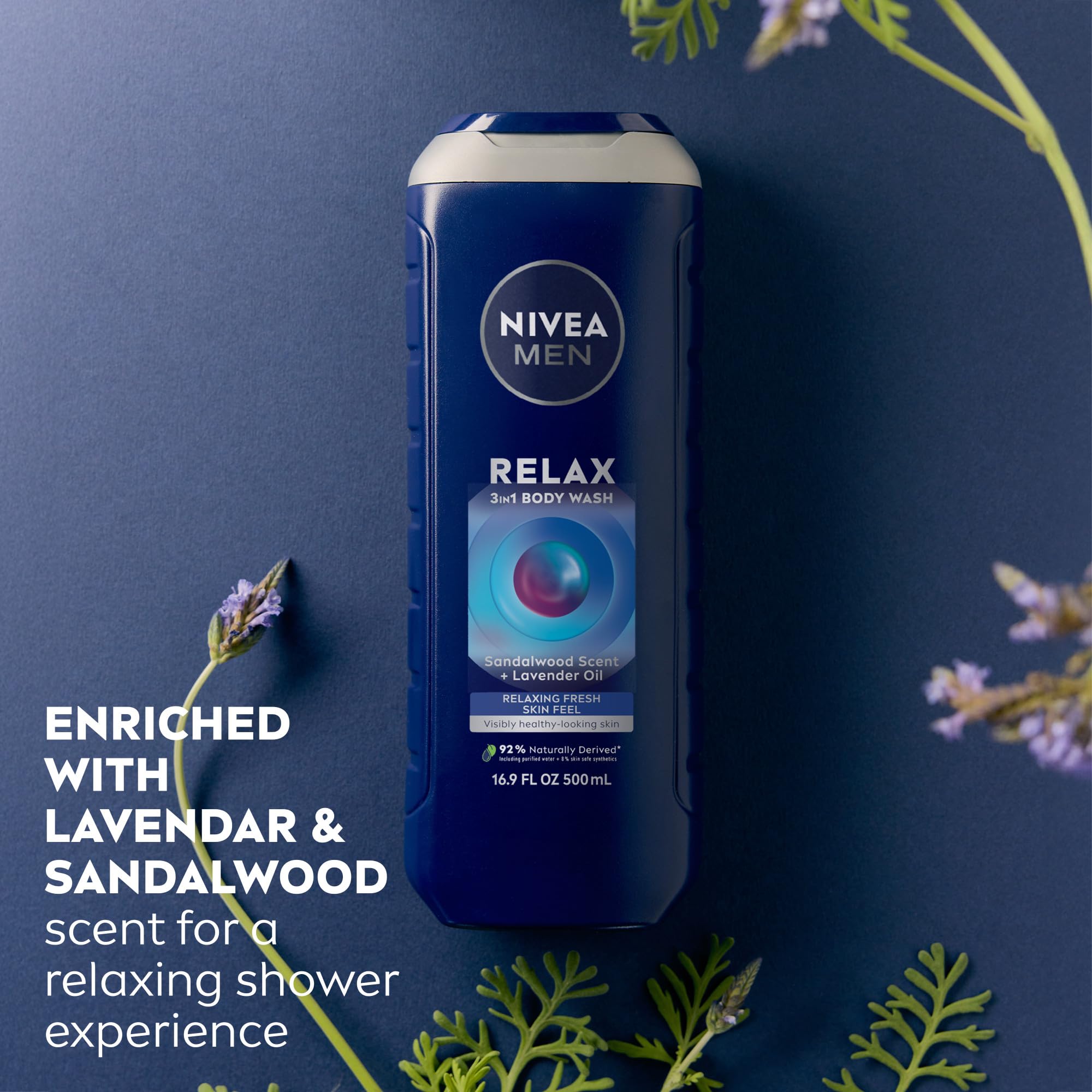 Close-up of lavender-sandalwood scent on NIVEA MEN Relax bottle