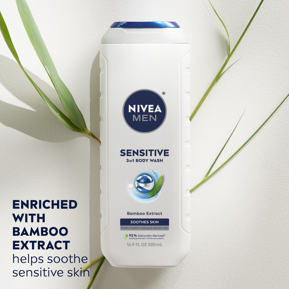 NIVEA MEN Sensitive Body Wash foamy lather demonstrating 3-in-1 use