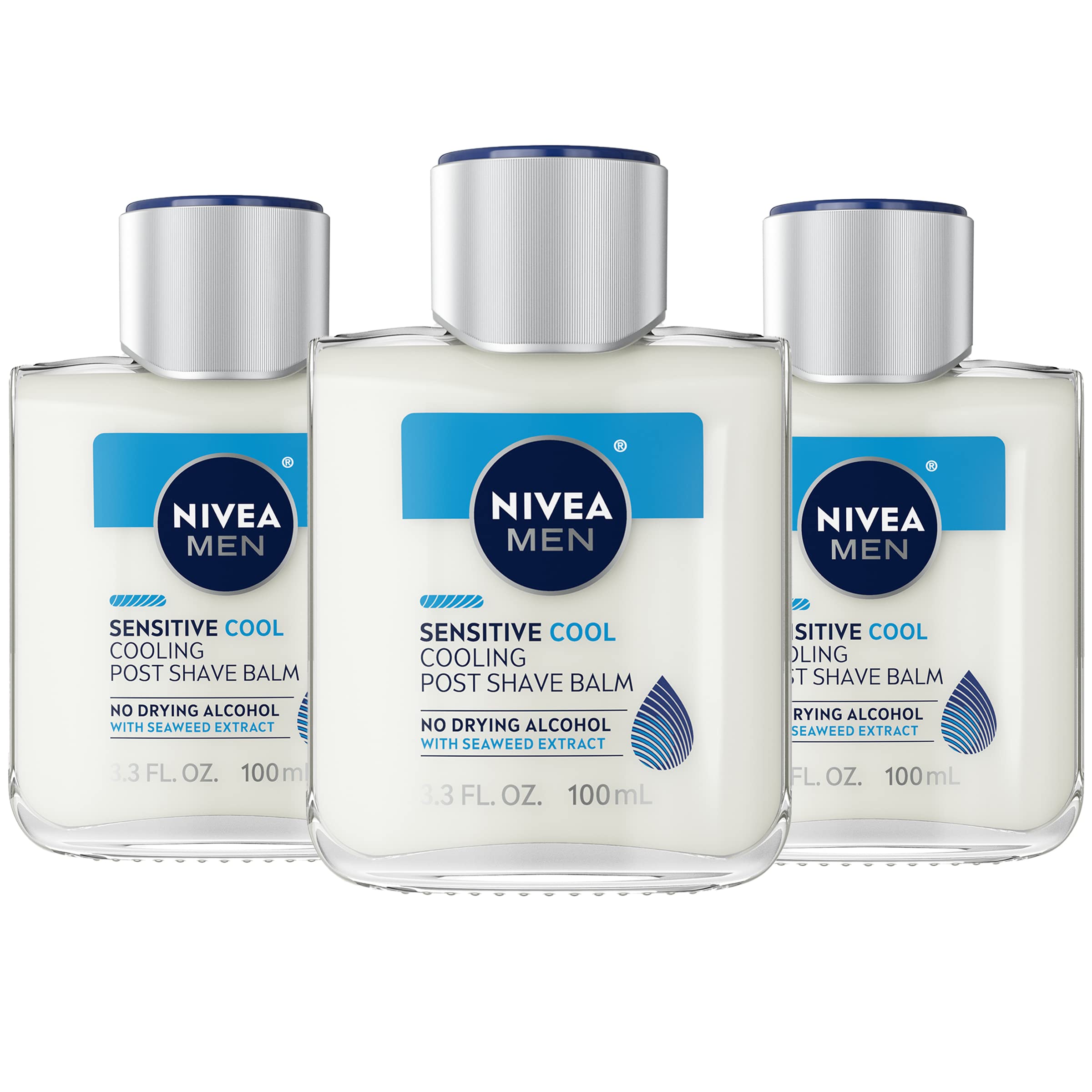 NIVEA MEN Sensitive Cooling Post Shave Balm bottle front shows soothing hydration after shaving.
