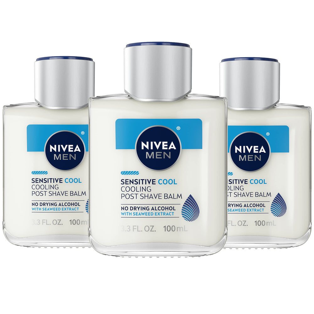 NIVEA MEN Sensitive Cooling Post Shave Balm bottle front shows soothing hydration after shaving.