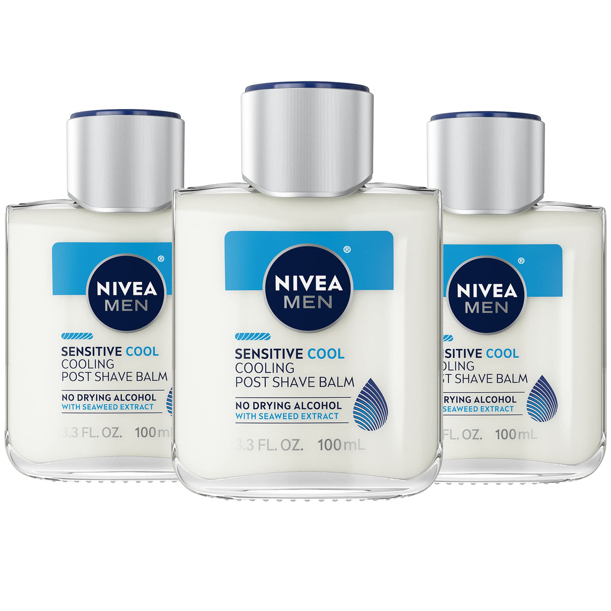 NIVEA MEN Sensitive Cooling Post Shave Balm bottle front shows soothing hydration after shaving.