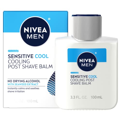 NIVEA MEN Sensitive Cooling Post Shave Balm bottle side highlights compact travel-friendly packaging.