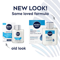 NIVEA MEN Sensitive Cooling Post Shave Balm packshot emphasizes three-pack value for daily routine.