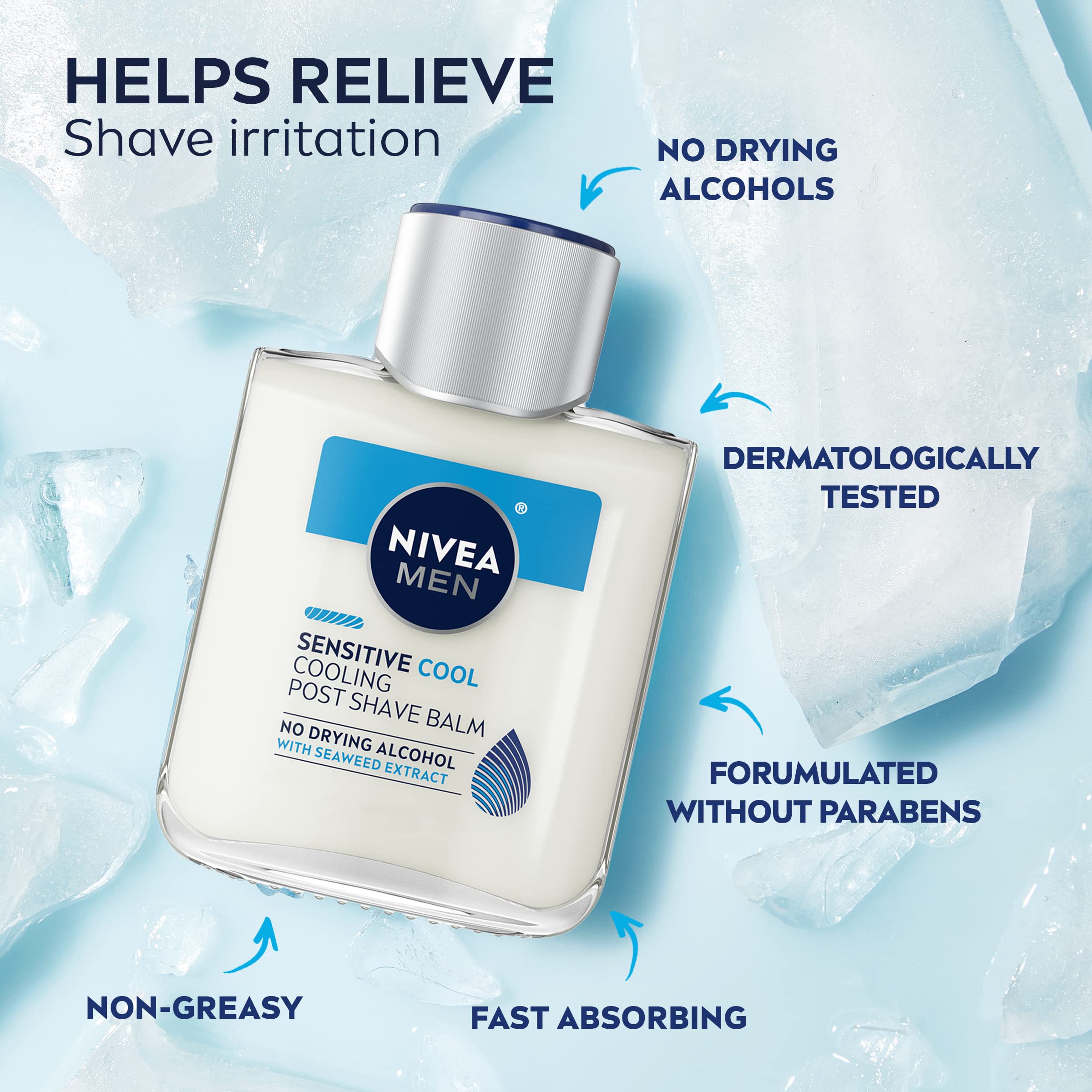 NIVEA MEN Sensitive Cooling Post Shave Balm texture swirl illustrates soothing formula.