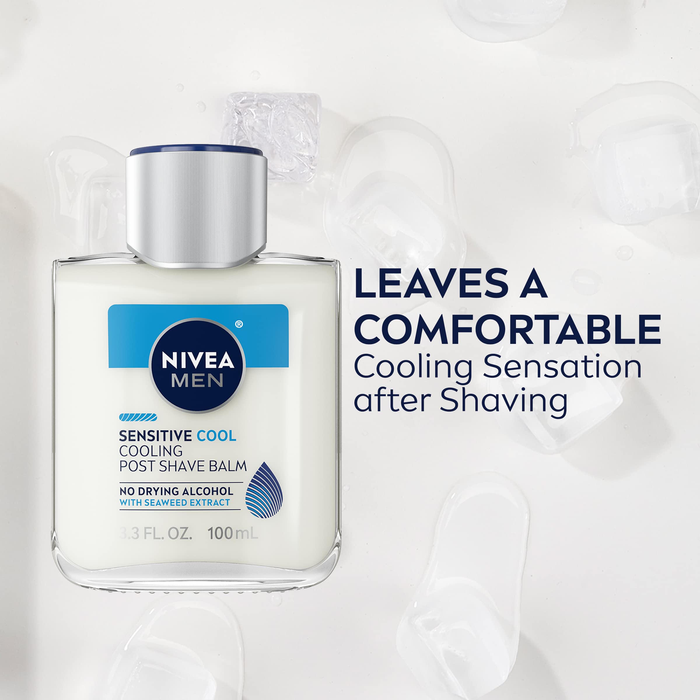 NIVEA MEN Sensitive Cooling Post Shave Balm vitamin e chamomile seaweed ingredients highlight calming care.