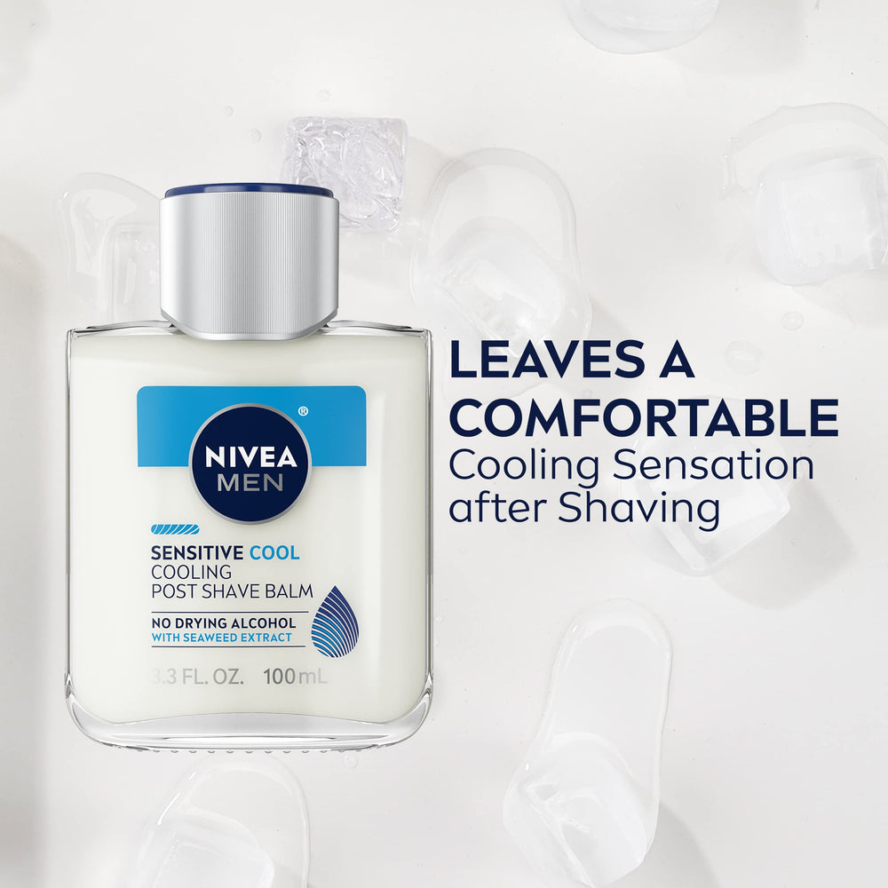 NIVEA MEN Sensitive Cooling Post Shave Balm vitamin e chamomile seaweed ingredients highlight calming care.