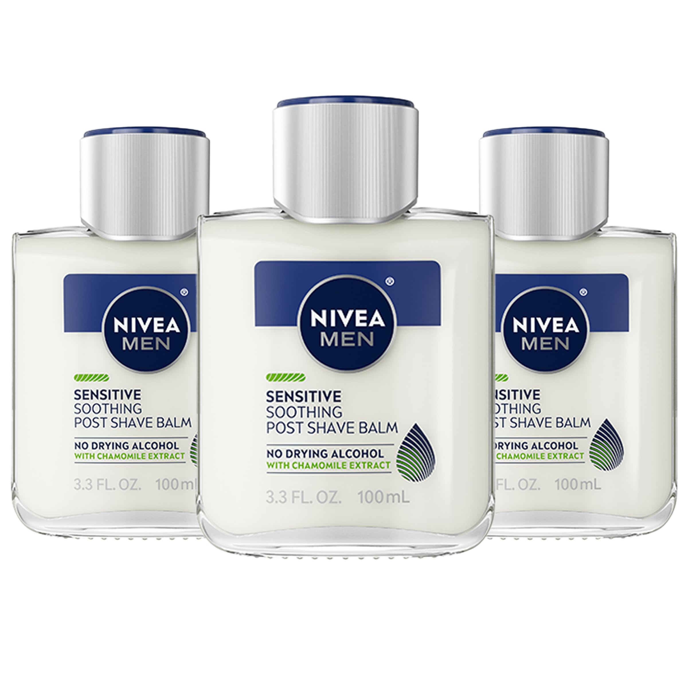NIVEA MEN Sensitive Post Shave Balm bottle front showing alcohol-free formula for sensitive skin
