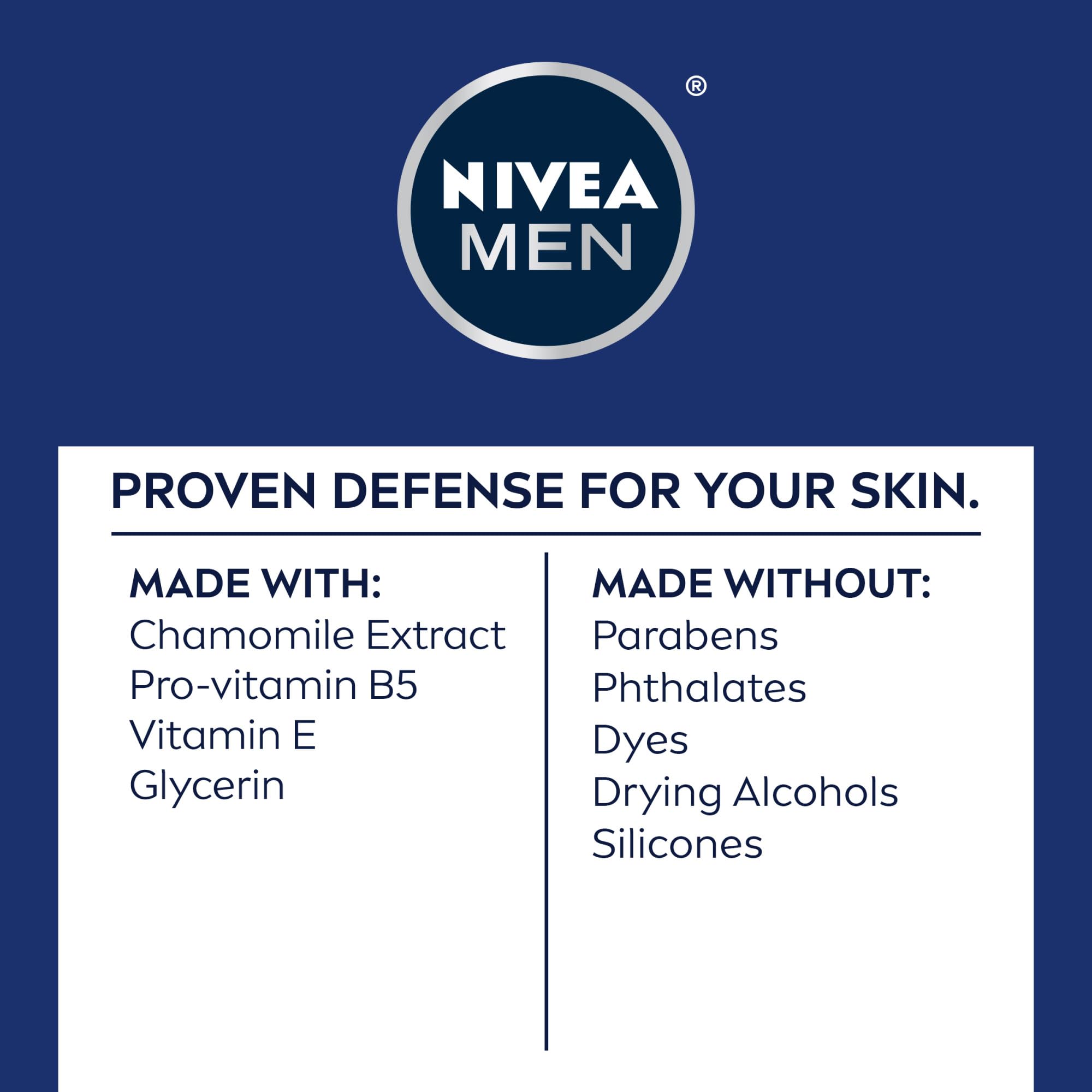 NIVEA MEN balm bottle shown with no dyes and no drying alcohols