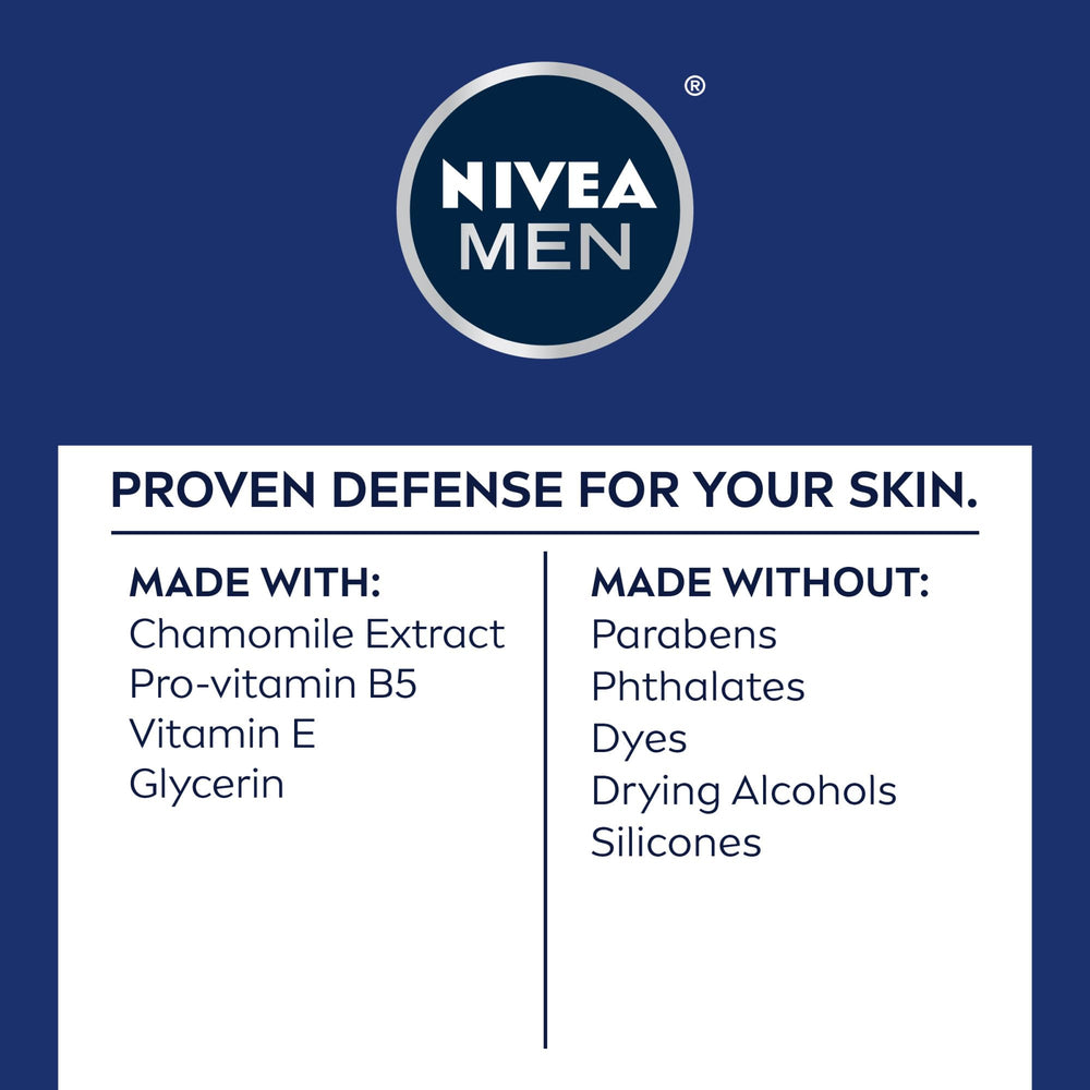 NIVEA MEN balm bottle shown with no dyes and no drying alcohols