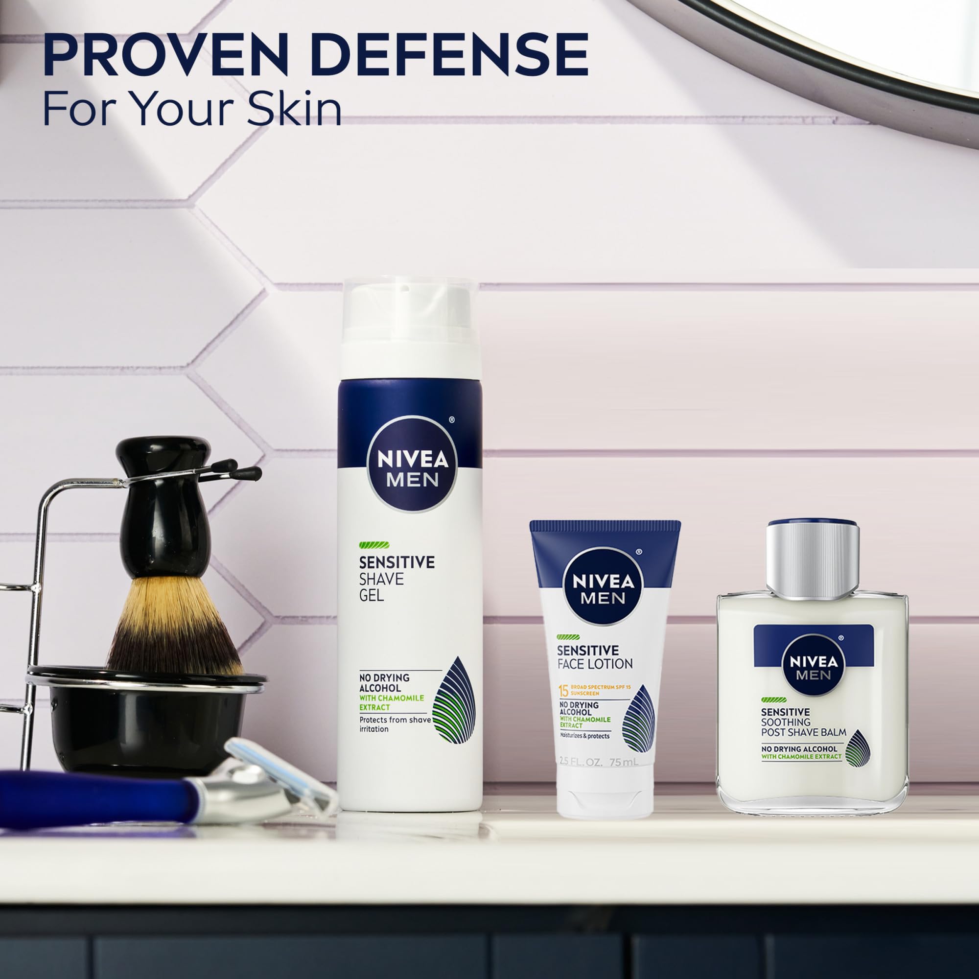NIVEA MEN sensitive post shave balm shown with razor and towel for routine