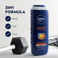 NIVEA MEN Sport Body Wash bottle back-label highlights vegan and paraben-free formula.