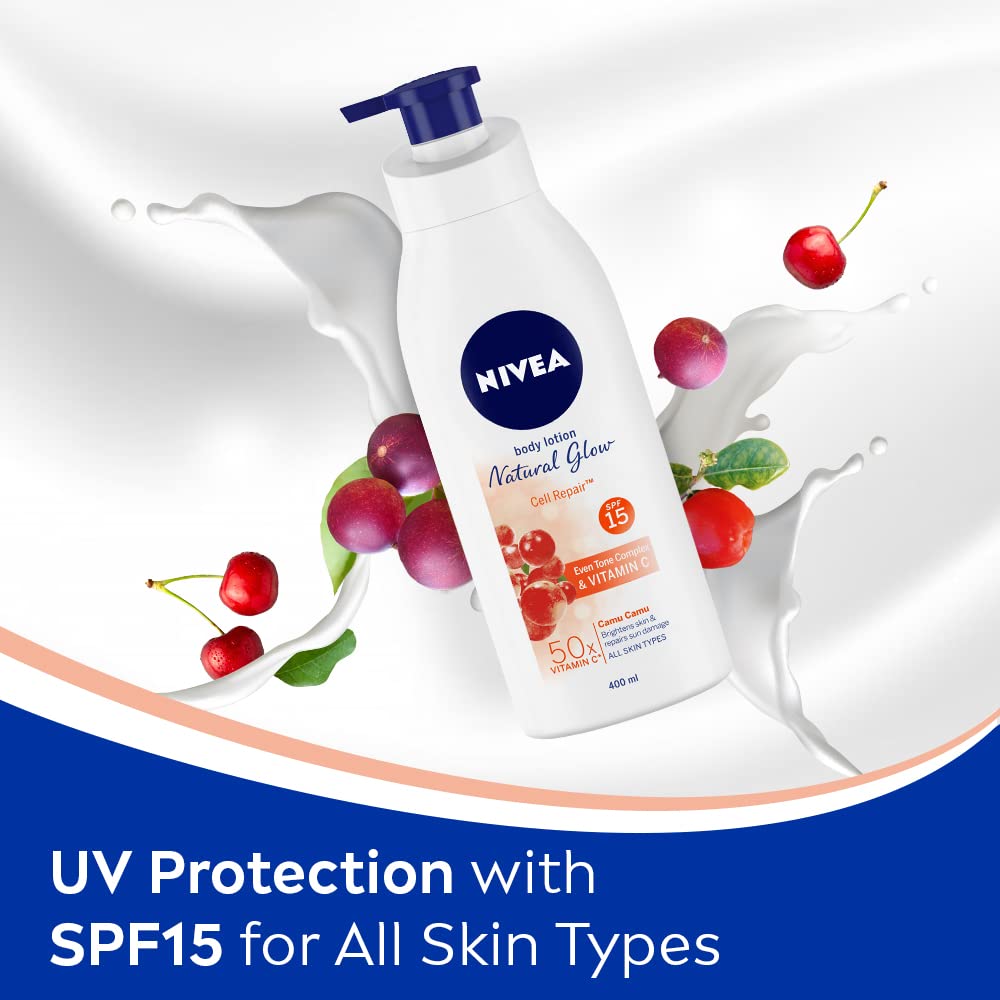 NIVEA Natural Glow creamy texture swatch suggests smooth, fast-absorbing hydration.