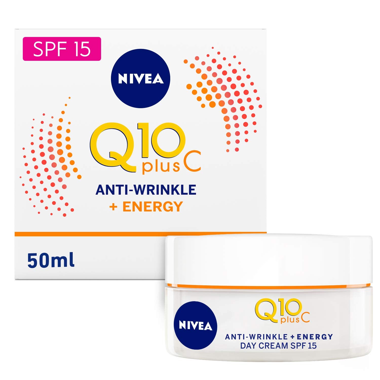 NIVEA Q10 Energy Day Cream bottle showing energising daily moisture with SPF15.