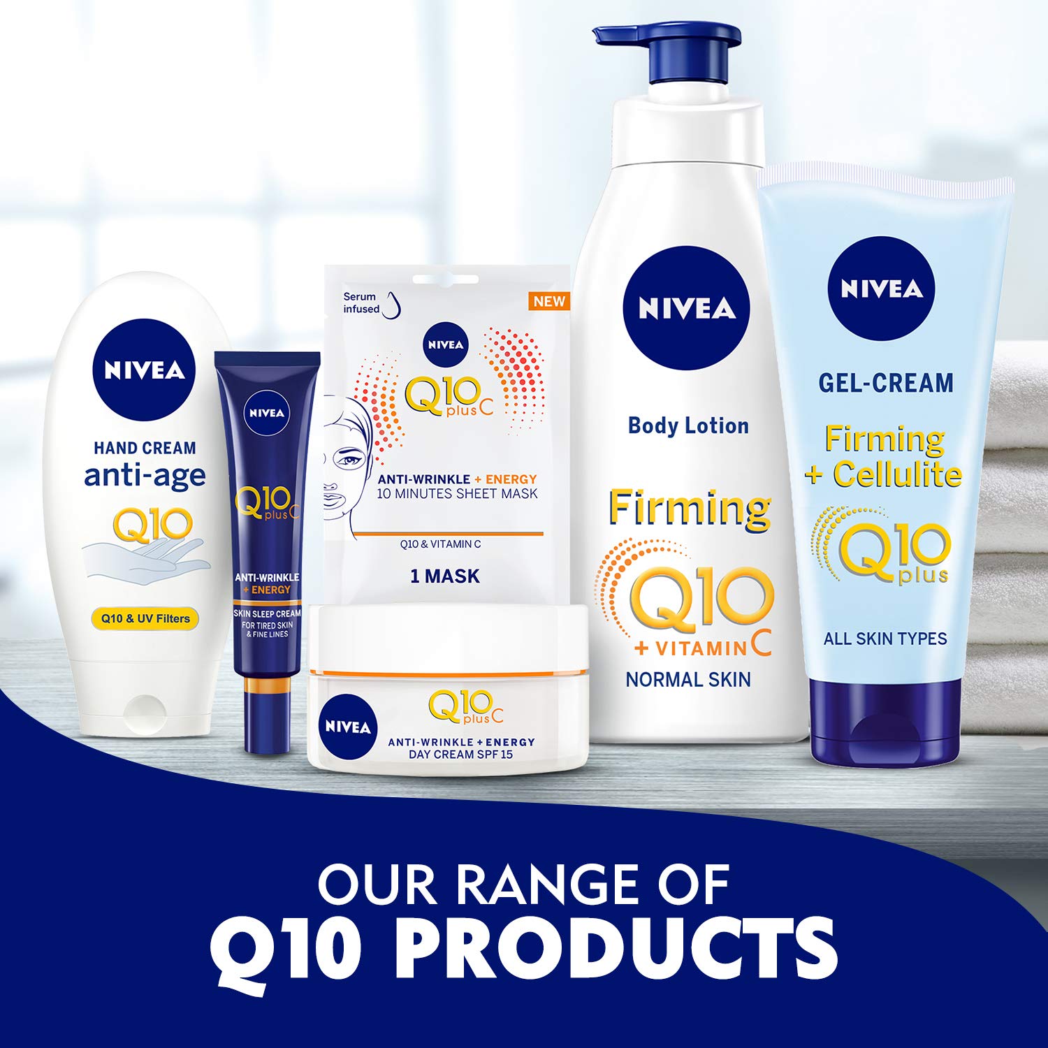 NIVEA Q10 Energy Day Cream glow closeup suggesting a refreshed complexion.