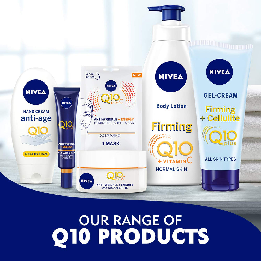 NIVEA Q10 Energy Day Cream glow closeup suggesting a refreshed complexion.