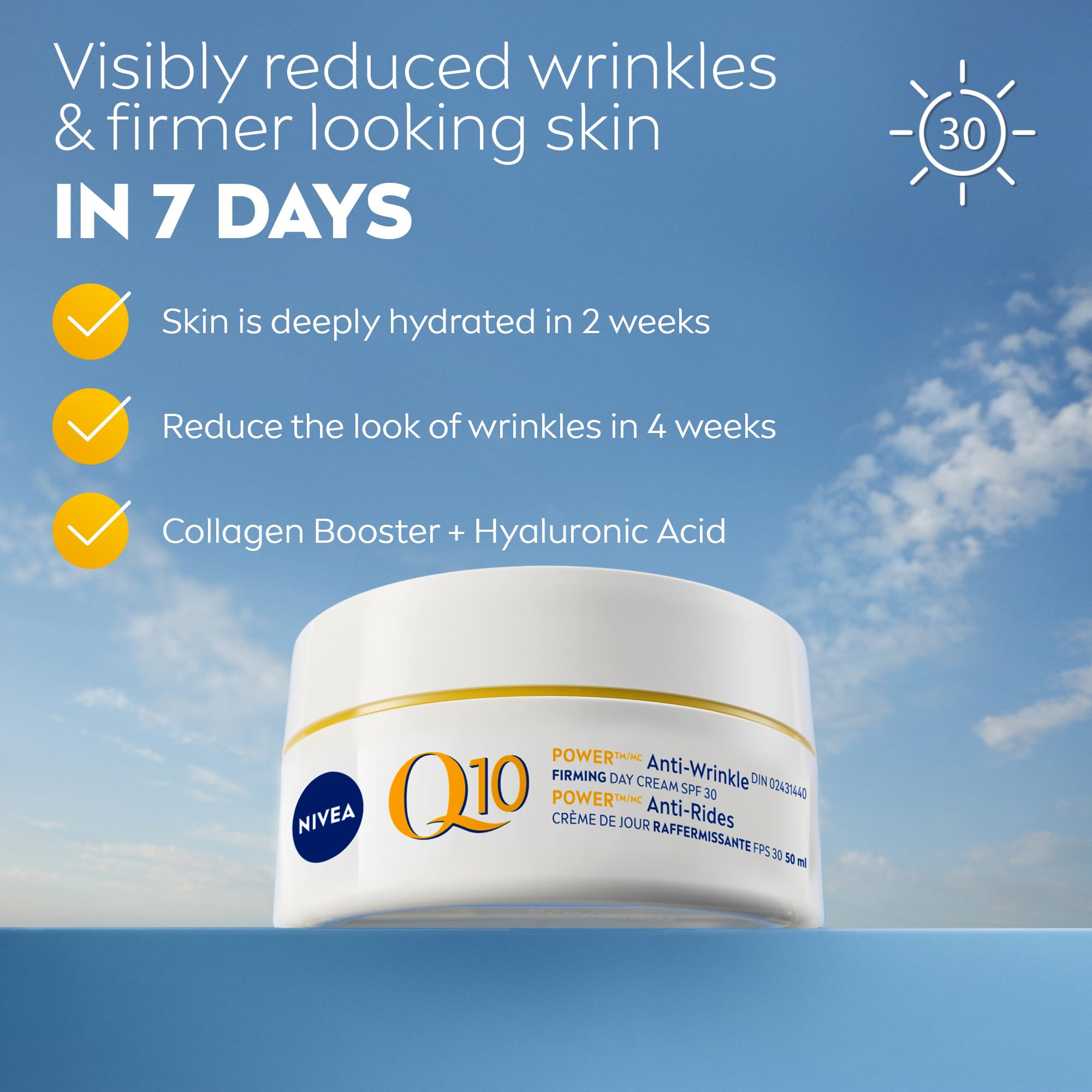 NIVEA Q10 Plus Day Cream texture close-up shows creamy, fast-absorbing formula.
