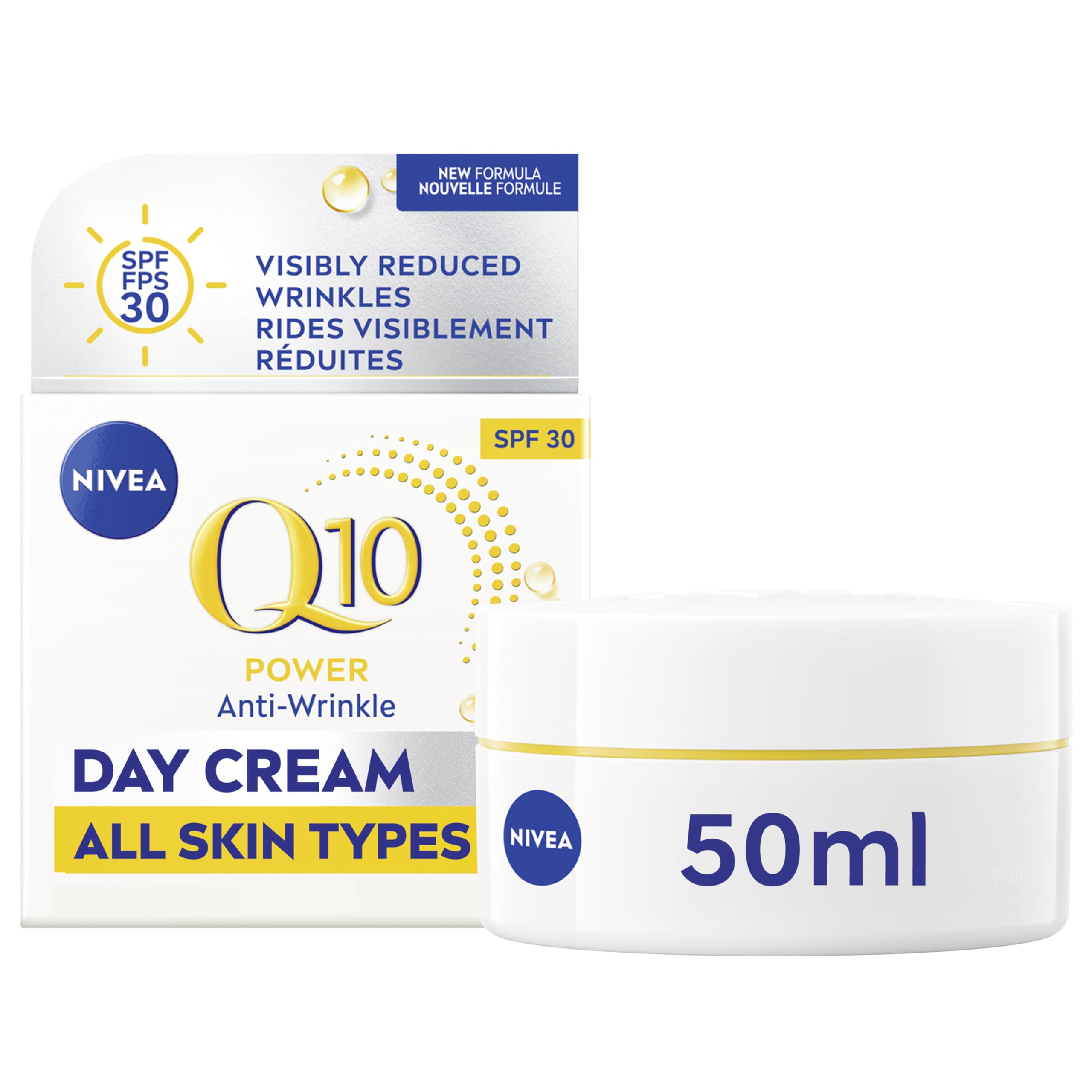 NIVEA Q10 Plus Anti-Wrinkle Day Cream SPF 30 tube front demonstrates smooth skin.