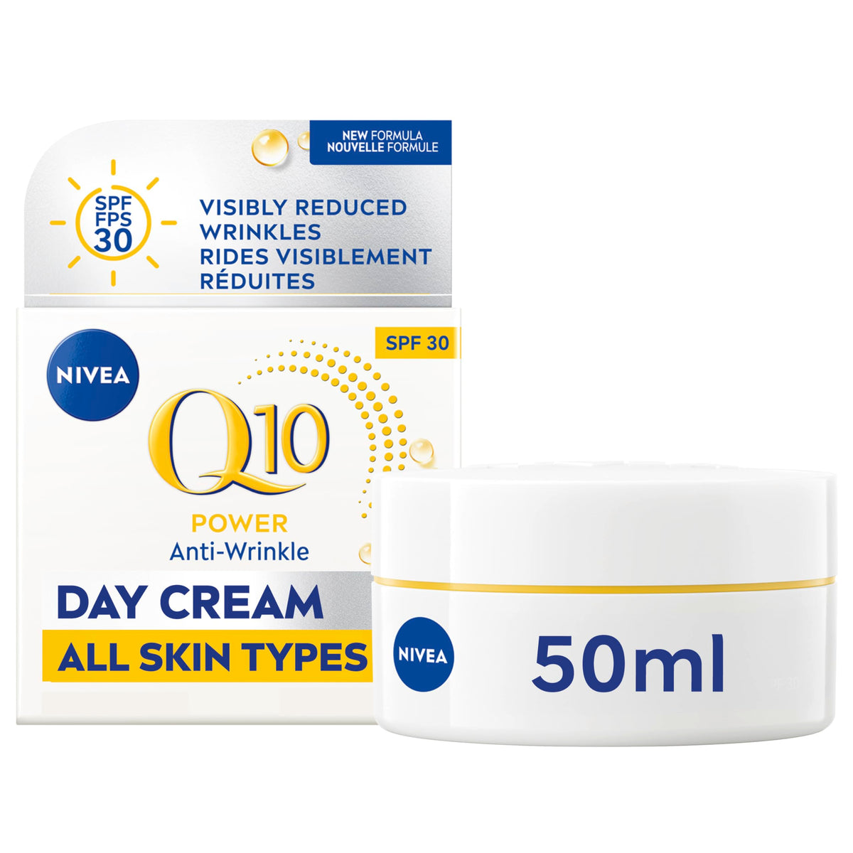 NIVEA Q10 Plus Anti-Wrinkle Day Cream SPF 30 tube front demonstrates smooth skin.