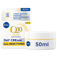 NIVEA Q10 Plus Anti-Wrinkle Day Cream SPF 30 tube front demonstrates smooth skin.