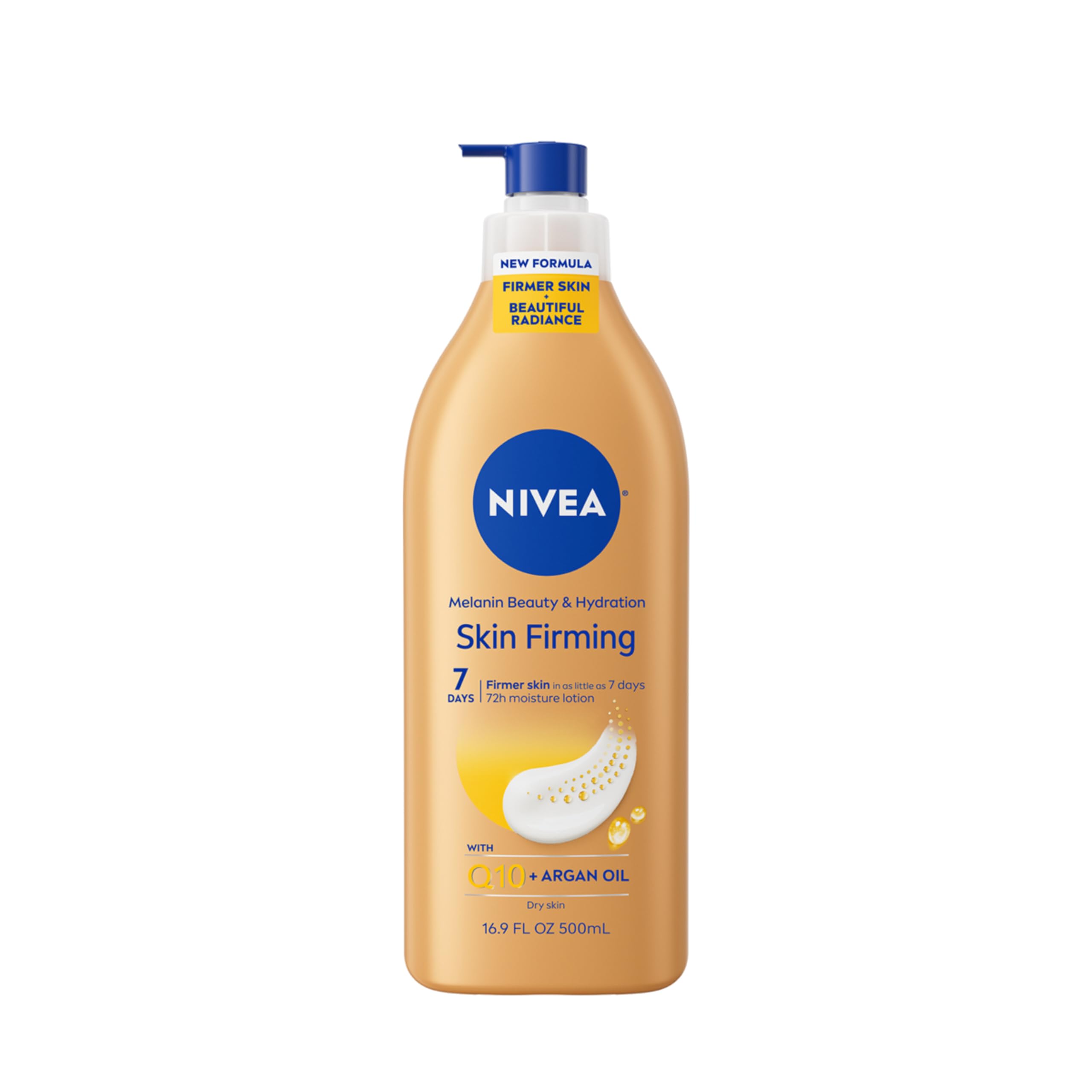 NIVEA Skin Firming Melanin Beauty bottle with pump for easy daily moisturization.