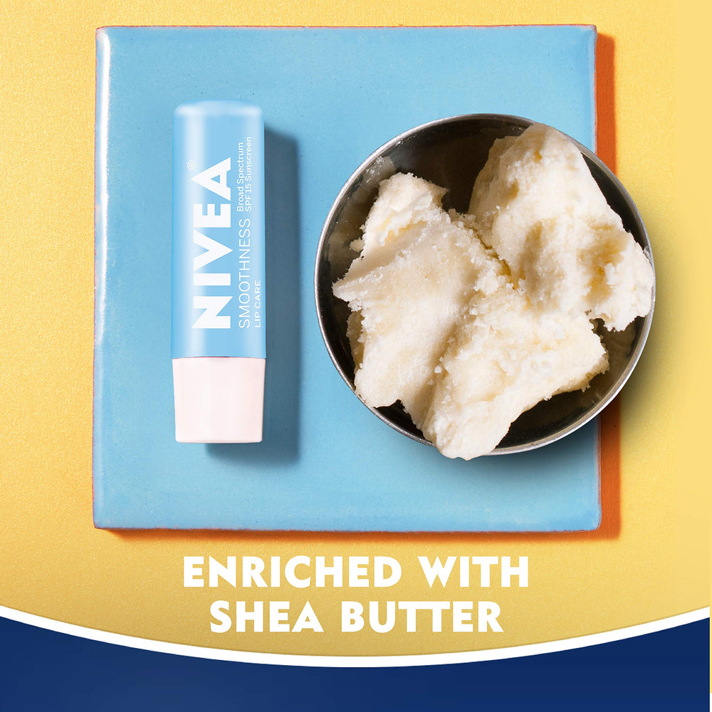 NIVEA Smoothness Lip Care with Shea and Jojoba oils for lasting moisture.