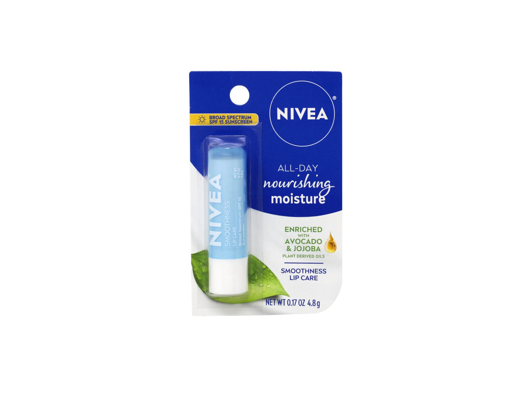 NIVEA Smoothness Lip Care SPF15 close-up shows creamy texture for smooth lips.
